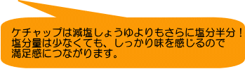 ケチャップは減塩しょうゆよりもさらに塩分半分！ 塩分量は少なくても、しっかり味を感じるので 満足感につながります。