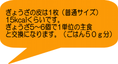 ぎょうざの皮は1枚（普通サイズ） 15kcalくらいです。 ぎょうざ5～6個で1単位の主食 と交換になります。（ごはん５０ｇ分）