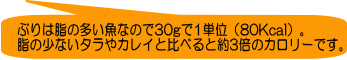 ぶりは脂の多い魚なので30gで1単位（80Kcal）。 脂の少ないタラやカレイと比べると約3倍のカロリーです。